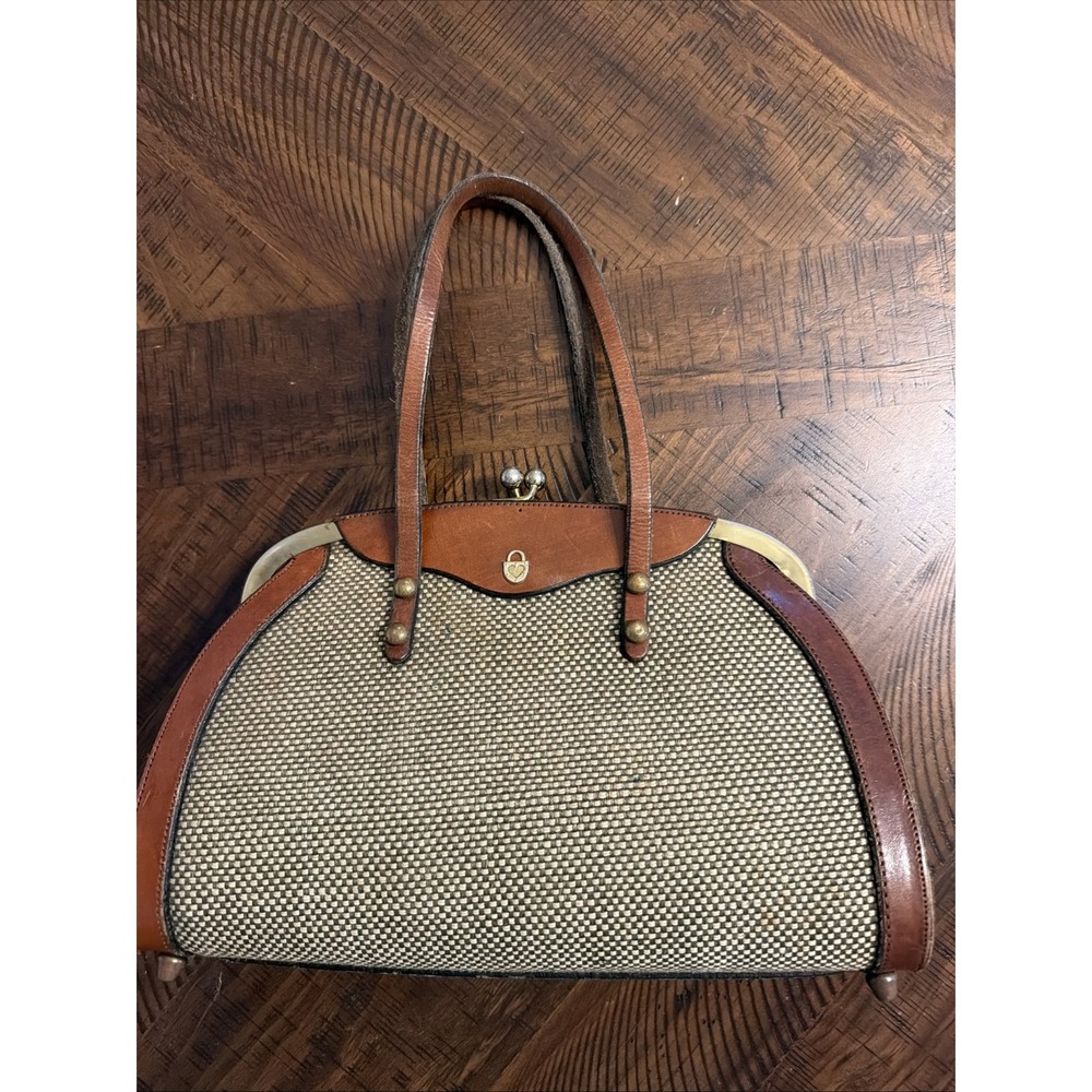 VTG John Romain Woven Tweed & Leather Handbag Brown Top Handle Purse Brass XLg